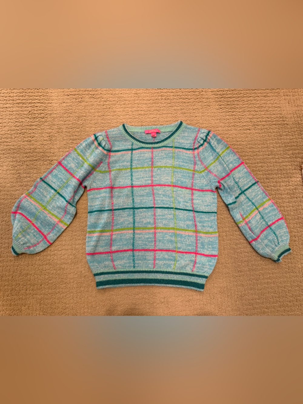 Lilly Pulitzer Light Blue Plaid Crewneck Sweater with Pink & Lime Accents